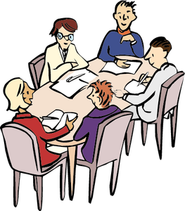 Eine Gruppe von Menschen sitzt gemeinsam an einem Tisch, unterhält sich miteinander und arbeitet gemeinsam an einer Sache