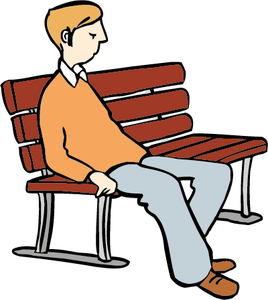 Ein Mann sitzt zusammengesunken auf einer Bank und starrt mit traurigem Gesicht und zusammengekniffenen Lippen auf den Boden.