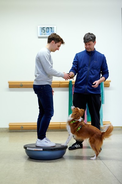 Therapeut Marko Drobela und die Therapiehündin Juni üben gemeinsam mit einem Patienten