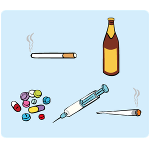 Verschiedene süchtig machende Stoffen werden gezeigt: Alkohol, Haschisch, Heroin, Nikotin, Tabletten